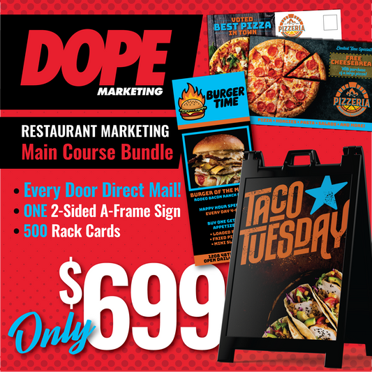 MAIN COURSE BUNDLE | EDDM Postcards, 1 Deluxe A-Frames, 500 Rack Cards