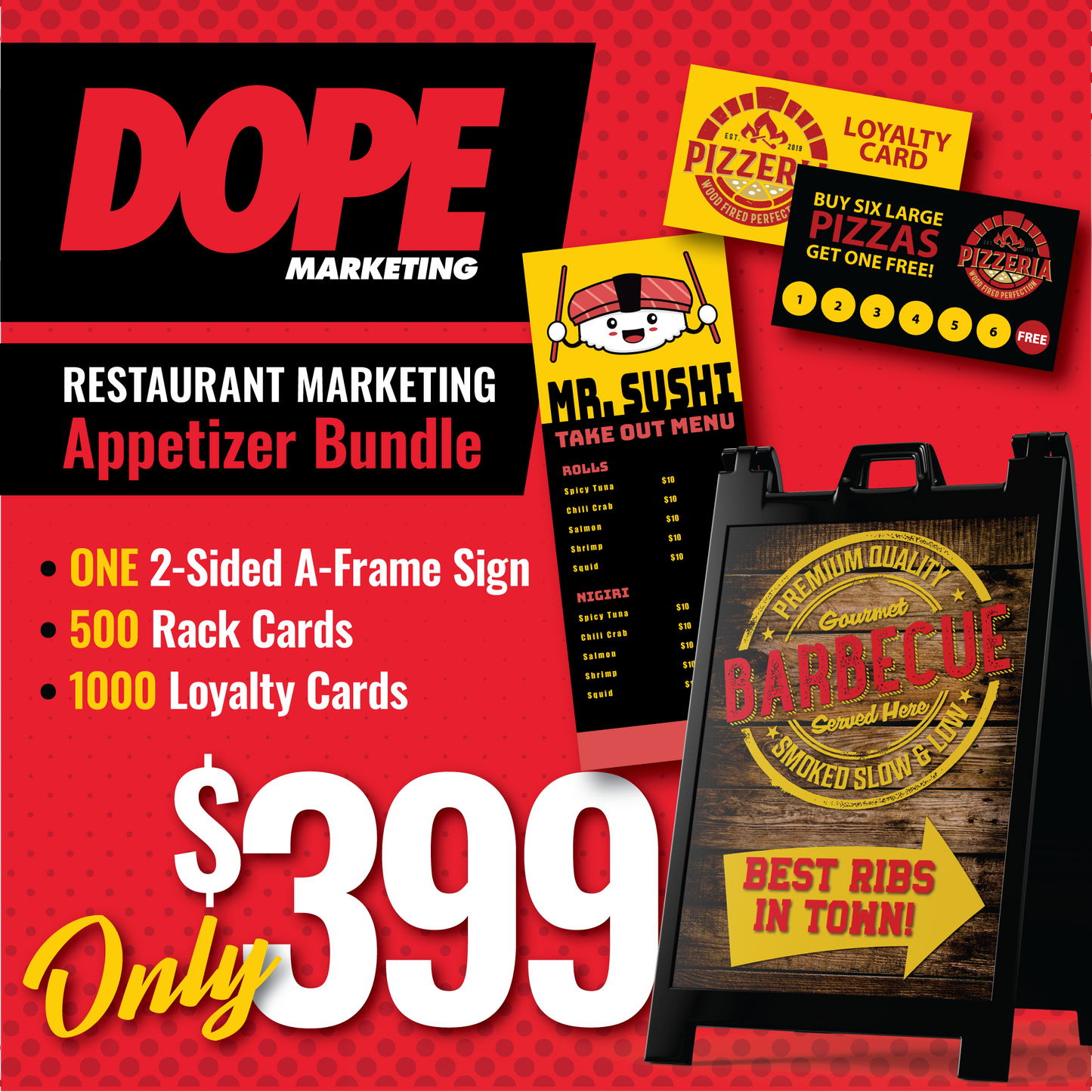 APPETIZER BUNDLE | 1 Deluxe A-Frames, 500 Rack Cards, 1000 Loyalty Cards | Adam